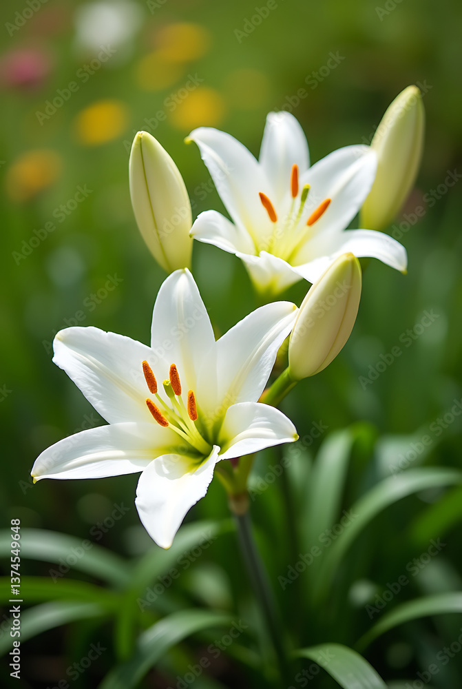 White Easter Lilies in Full Bloom Under the Sun in a Lush Garden, Symbolizing Purity and Renewal. White Easter Lilies in Full Bloom Under the Sun in a Lush Garden, Symbolizing Purity and Renewal.