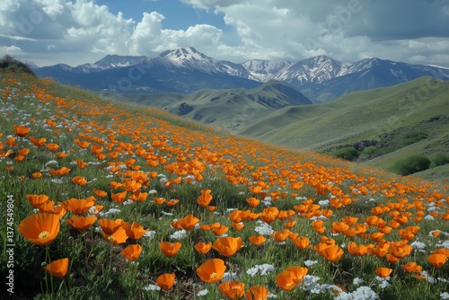 Vivid Orange Poppies Bloom Across Rolling Hills Beneath a Dramatic Sky in a P...