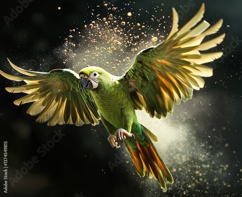 Colorful Parrot in Mid-Flight Against a Dramatic Dark Background With Vivid F...