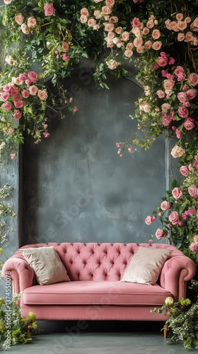 Cozy Pink Couch Surrounded by Lush Greenery and Blooming Roses in a Tranquil ...