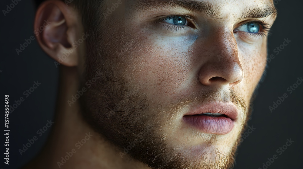 Obraz premium Close-up portrait of young man with blue eyes and light beard looking away. 