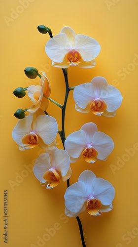 Elegant White Orchids Arranged on a Bright Yellow Background Showcasing Natur...