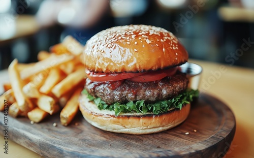 Juicy Burger With Bacon and Barbecue Sauce Served With Crispy Fries on Wooden...