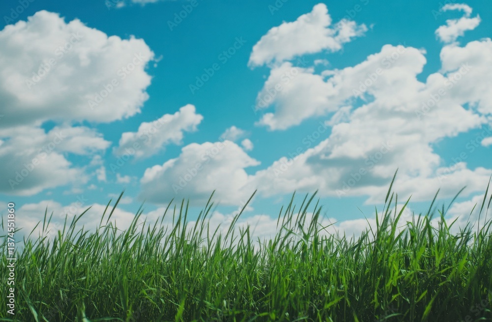 Green Grass Field with Blue Sky and White Clouds Landscape Green Grass Field with Blue Sky and White Clouds Landscape