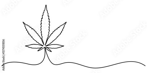 Cannabis leaf continuous line art. Marijuana in minimalist style. One line art, Continuous one line drawing of lush hemp leaf icon in silhouette on a white background. Linear stylized. pro vector.