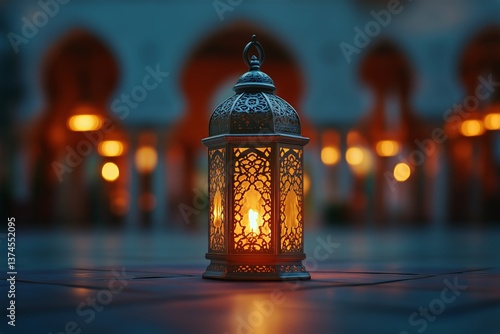 Bright Lantern Glows in an Ornate Courtyard During Evening Hours