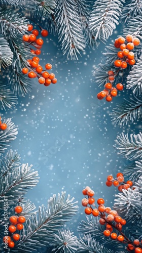 Winter Backdrop With Frosted Branches and Bright Red Berries Under Falling Snow