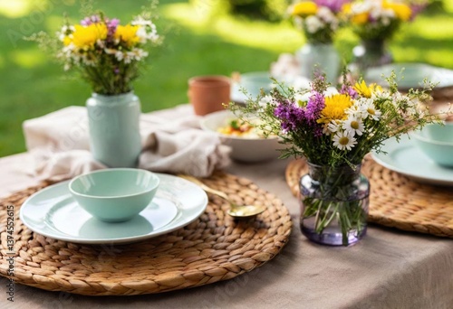 Wallpaper Mural A lovely table with plates and bright flowers invites guests to celebrate outdoors. Torontodigital.ca