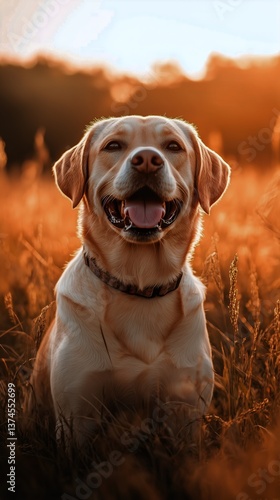 Happy Dog Enjoys Golden Sunset in a Grassy Field