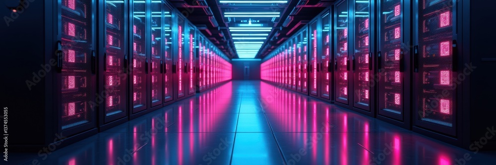 Futuristic server room illuminated with vibrant blue and pink lights, showcasing advanced technology and sleek design ideal for tech-oriented visual content. Futuristic server room illuminated with vibrant blue and pink lights, showcasing advanced technology and sleek design ideal for tech-oriented visual content.