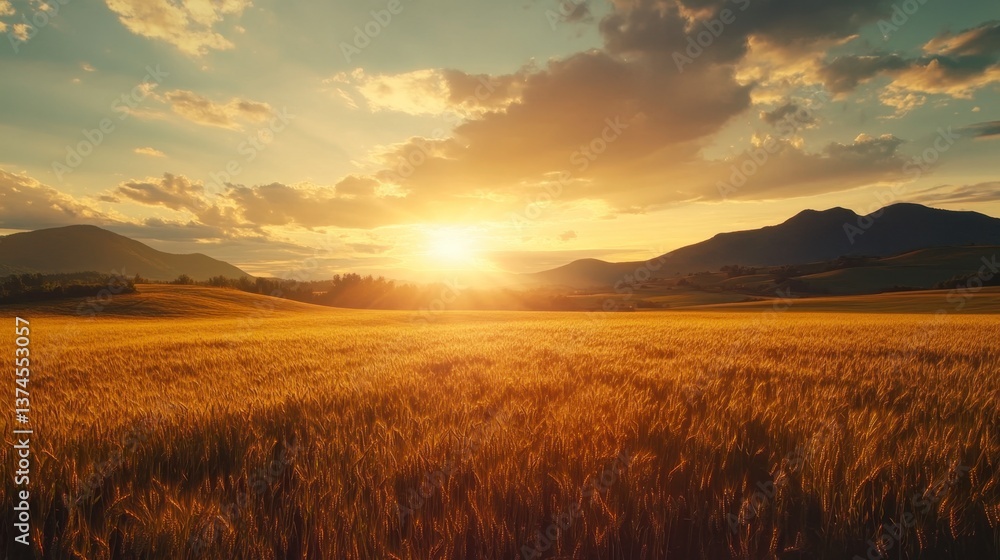 Golden Wheat Field at Sunset with Mountain Backdrop and Cloudy Sky Golden Wheat Field at Sunset with Mountain Backdrop and Cloudy Sky