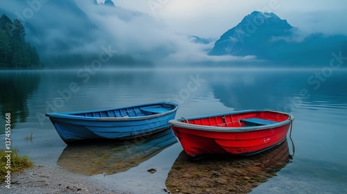 Colorful Boats Resting Calmly on the Misty Lake in the Early Morning Light