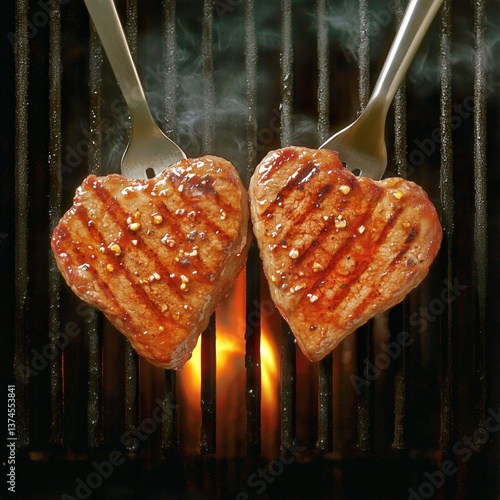 Grilled Steak Sizzling Above Flames Creates Mouthwatering Aroma in Outdoor Ki...