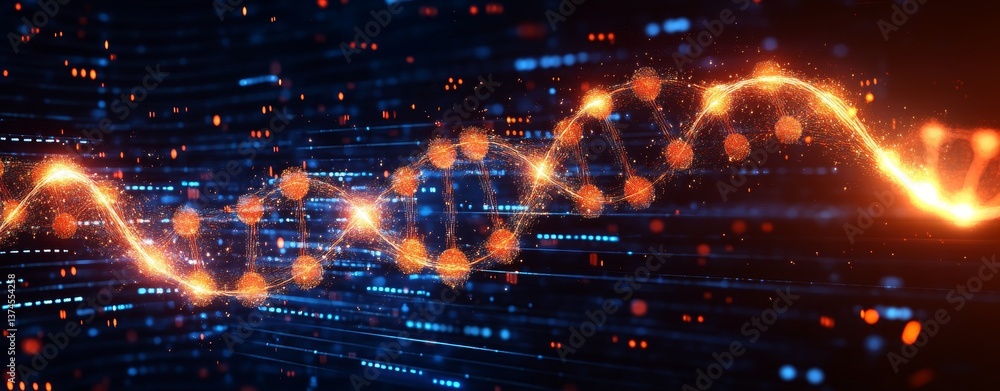 The digital DNA double helix structure appears vibrant in a close-up view