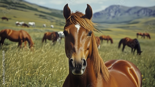 Horses Grazing in a Lush Green Field During a Bright Afternoon