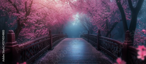 Serene Cherry Blossom Park Bridge During Misty Early Morning Hours