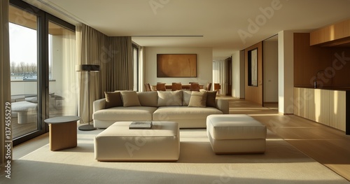 Cozy Living Room With Soft Lighting and Modern Furniture in the Evening