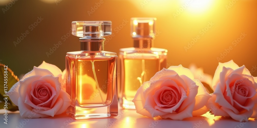 Elegant perfume bottles surrounded by soft rose petals, illuminated by warm sunset light, creating a romantic and luxurious atmosphere. Elegant perfume bottles surrounded by soft rose petals, illuminated by warm sunset light, creating a romantic and luxurious atmosphere.