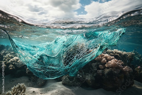 Broken fishing net entangled in coral under clear water surface Generative AI