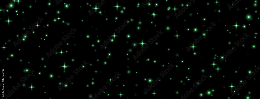 Green stars background, shiny sparkles overlay, magic flares, starry night concept. Vector illustration.