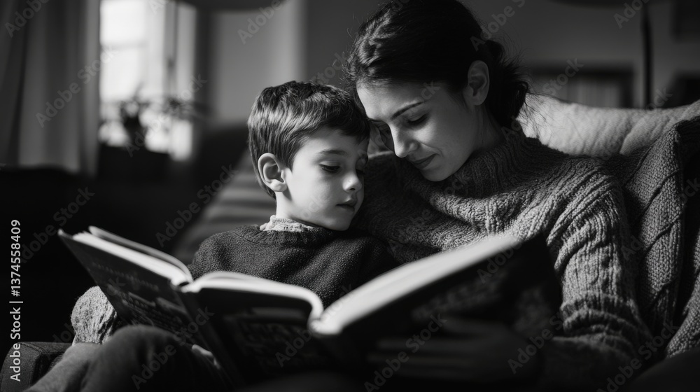 A Mother And Son Read Together In The Soft Evening Light A Mother And Son Read Together In The Soft Evening Light