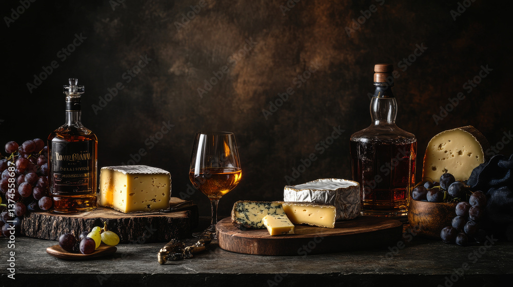A curated tasting experience with Irish blended whiskeys and cheeses from the UK and Ireland, all under a dramatic dark setting A curated tasting experience with Irish blended whiskeys and cheeses from the UK and Ireland, all under a dramatic dark setting