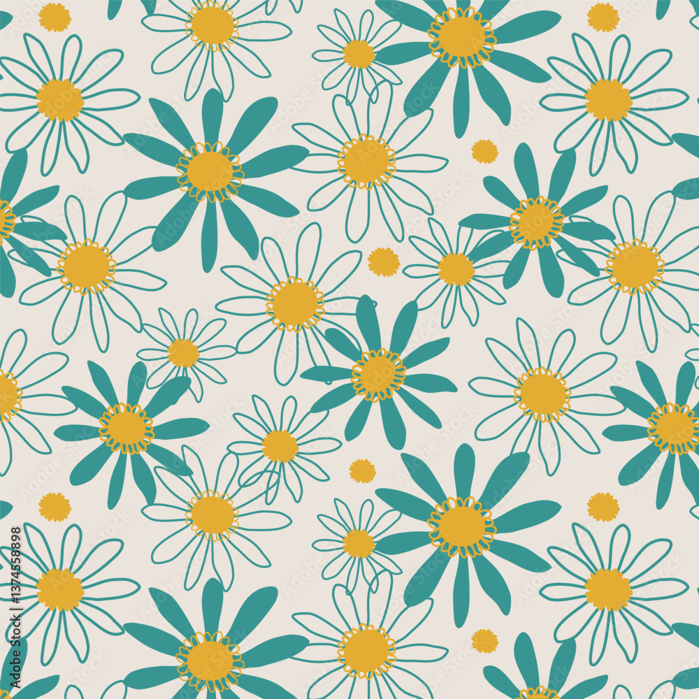 custom made wallpaper toronto digitalSeamless pattern with flowers. Floral print. Abstract wild flowers in natural turquoise and mustard tones. Natural summer and spring pattern with daisies for printing on fabric, paper and surfaces.