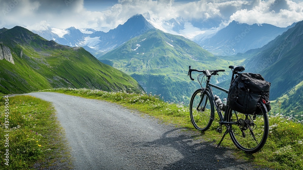 Fototapeta premium A fully equipped touring bike parked on a gravel road with scenic mountain views.