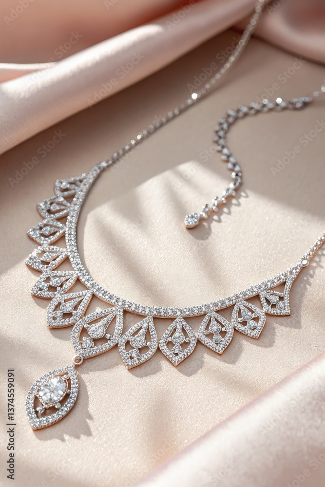 Elegant Diamond Necklace Displayed on Soft Fabric Generative AI