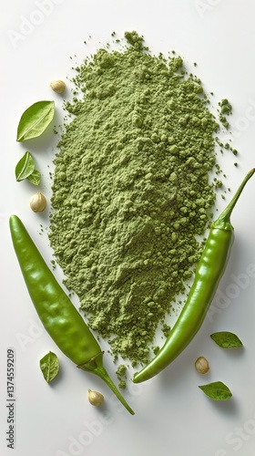 Bright Green Spices and Fresh Basil Leaves Arranged Artistically on a White S...