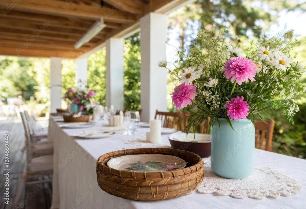 Fototapeta premium A beautiful table with vibrant flowers and dishes awaits guests outdoors.