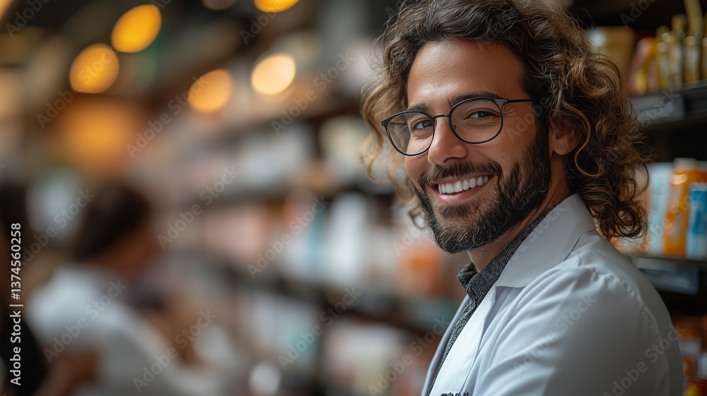 Fototapeta premium Smiling pharmacist in a white coat standing in a modern pharmacy. Professional, friendly, and knowledgeable, representing healthcare and medical expertise.
