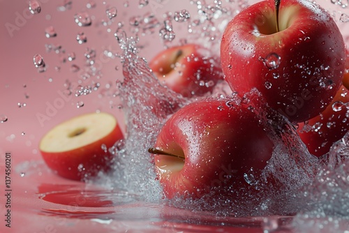 Fresh Red Apples Splashing Into Water Against a Pink Background