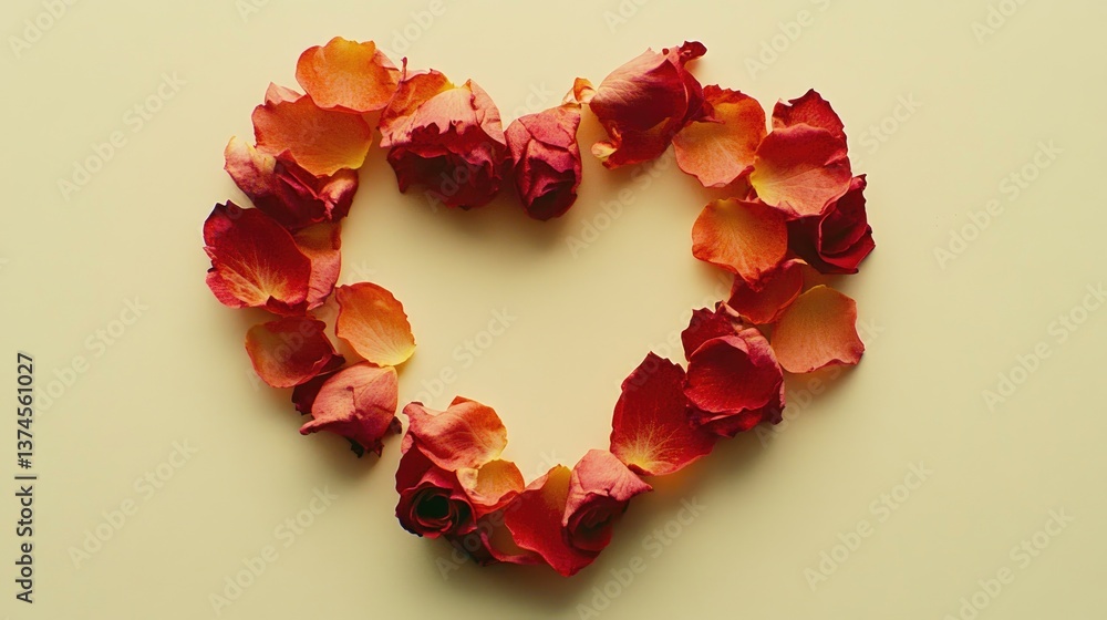 A heart shape formed by scattered red rose petals on a white background. A heart shape formed by scattered red rose petals on a white background.