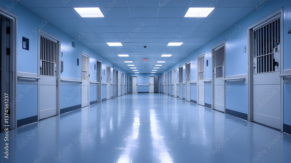 Fototapeta premium Hospital Hallway in Sterile Environment with Blue Walls and Security Doors Showcasing Modern Institutional Architecture