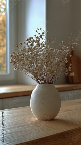 Elegant Dried Flowers in a Minimalist Vase on a Wooden Table by a Sunlit Kitc...