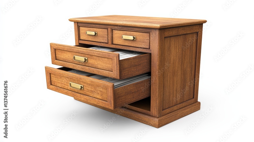 Elegant Wooden Chest of Drawers Featuring Three Open Drawers with Metal Handles on a Clean White Background for Interior Design and Furniture Use Elegant Wooden Chest of Drawers Featuring Three Open Drawers with Metal Handles on a Clean White Background for Interior Design and Furniture Use