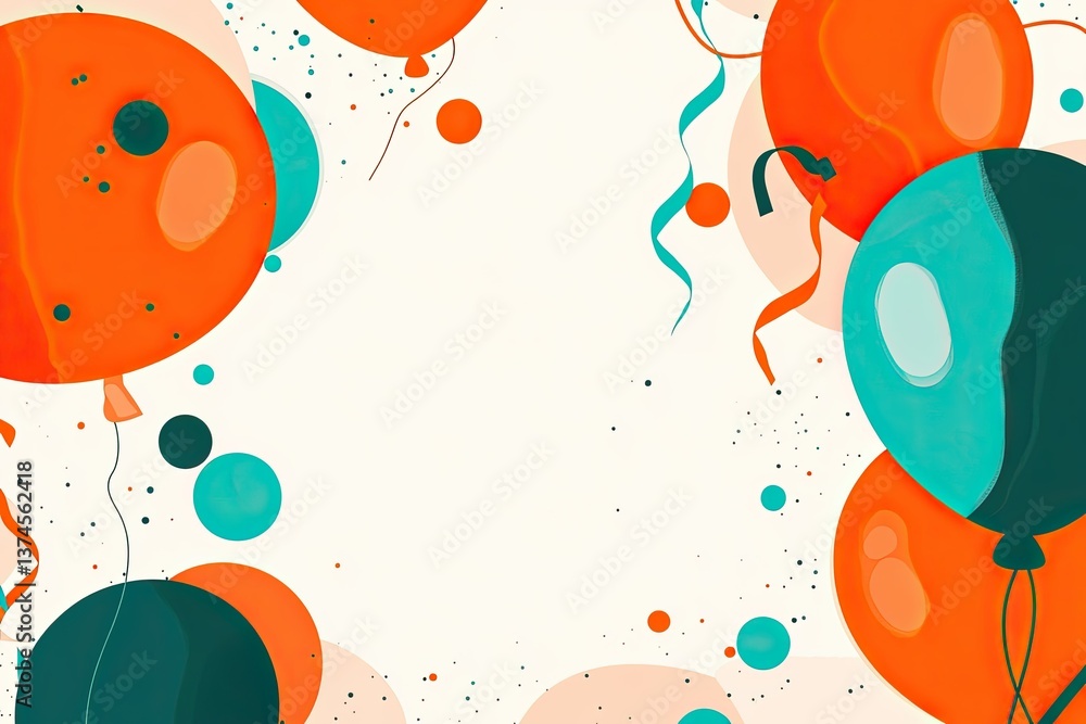 Flat vector illustration with an orange and teal color scheme, featuring a party banner with balloons and streamers on a white background Flat vector illustration with an orange and teal color scheme, featuring a party banner with balloons and streamers on a white background