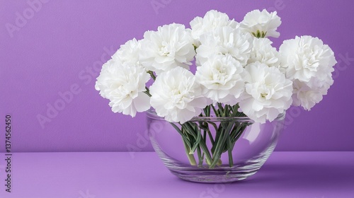 Wallpaper Mural A modern glass vase filled with white carnations placed on a lavender-toned backdrop. Torontodigital.ca