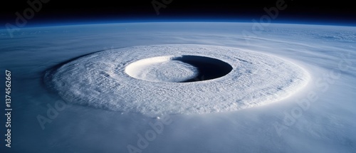 Aerial view of a large storm shows powerful clouds and dark sky in a circular form