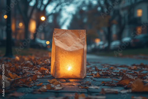 A glowing luminary bag on a...
