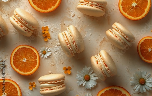 Delicious Orange Macarons Surrounded by Fresh Orange Slices and Flowers