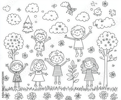 A joyous scene of children laughing and playing, coloring page for kids, simple outline illustration. Coloring book.