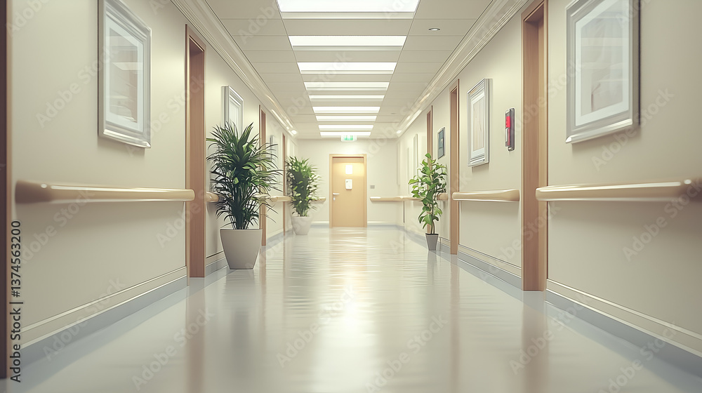 Fototapeta premium Modern Hospital Corridor: Clean, Bright & Inviting Healthcare Design with Peaceful Aesthetics