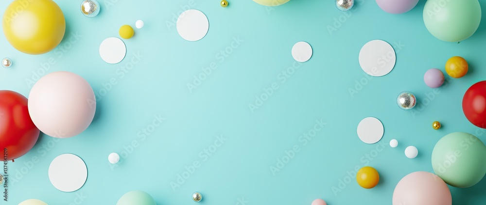 The background is a light blue color, with colorful balloons and white circular labels floating on it The background is a light blue color, with colorful balloons and white circular labels floating on it