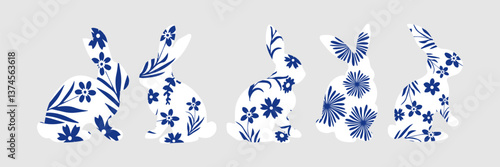 Vector Easter painted rabbit. Spring icons. Easter bunny rabbits in different poses.