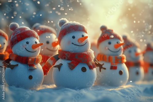 Happy Snowmen Family in Winter Wonderland During Snowfall With Festive Hats a...