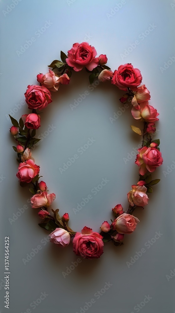 Obraz premium Pink Rose Floral Arrangement in an Oval Shape on a White Background
