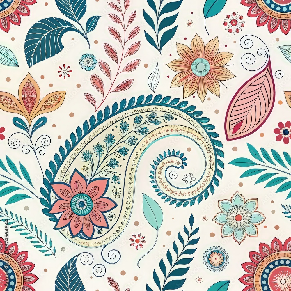 Fototapeta premium Vibrant Floral Pattern With Paisley Design and Botanical Elements Generative AI