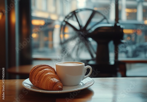 Warm Cup of Coffee and a Croissant in a Cozy Cafe During Morning Hours